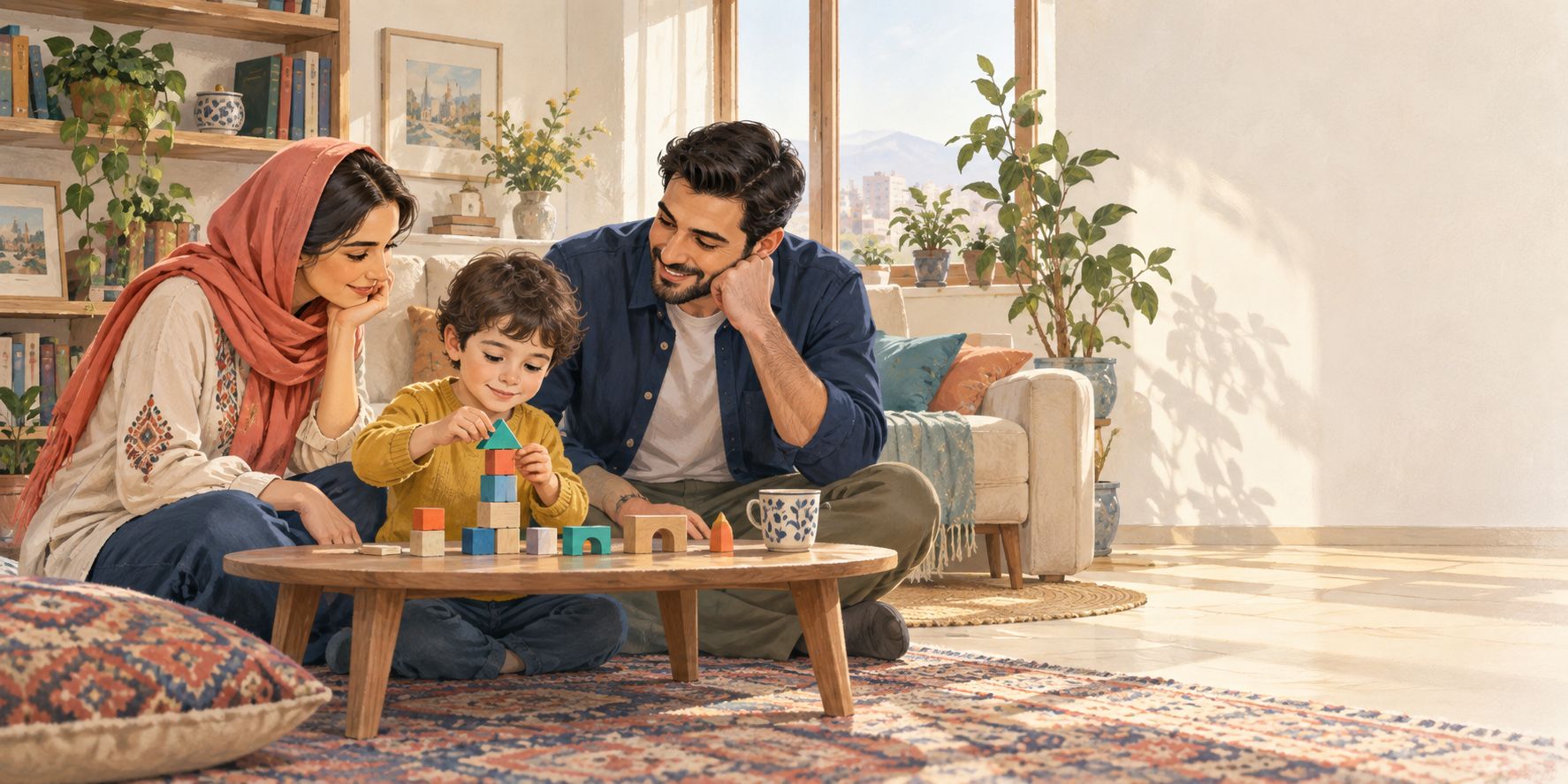 پدر و مادری که با آرامش کودک خود را هنگام بازی همراهی میکنند